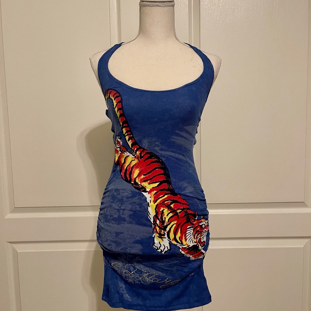 Brand New Ed Hardy Blue Grey halter top dress M